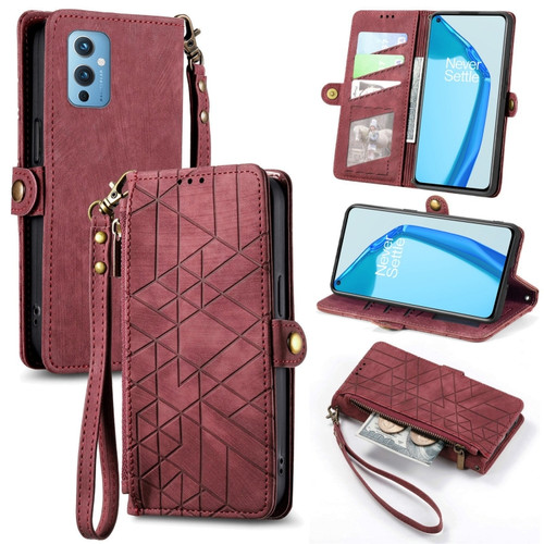 OnePlus 9 Geometric Zipper Wallet Side Buckle Leather Phone Case - Red