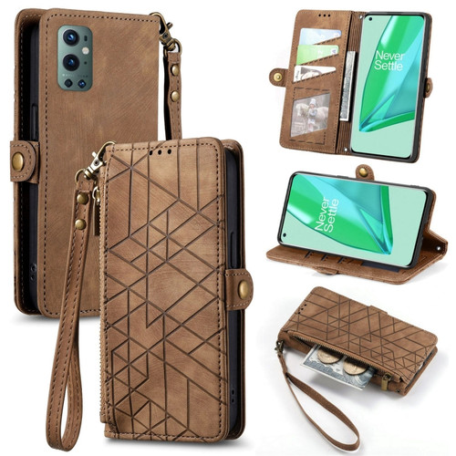 OnePlus 9 Pro Geometric Zipper Wallet Side Buckle Leather Phone Case - Brown