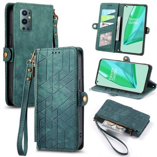 OnePlus 9 Pro Geometric Zipper Wallet Side Buckle Leather Phone Case - Green