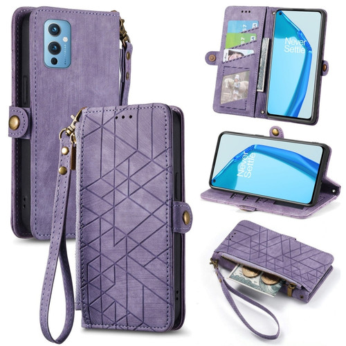 OnePlus 9 Geometric Zipper Wallet Side Buckle Leather Phone Case - Purple