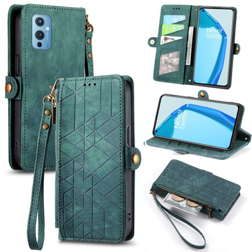 OnePlus 9 Geometric Zipper Wallet Side Buckle Leather Phone Case - Green
