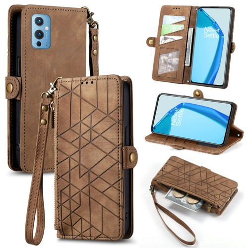 OnePlus 9 Geometric Zipper Wallet Side Buckle Leather Phone Case - Brown