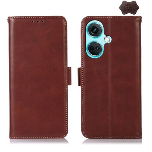 OnePlus Nord CE3 5G Magnetic Crazy Horse Texture Genuine Leather RFID Phone Case - Brown