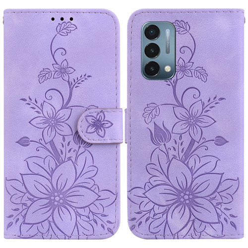 OnePlus Nord N200 5G Lily Embossed Leather Phone Case - Purple