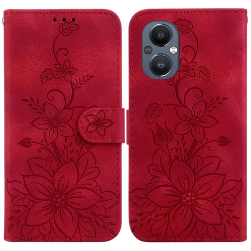 OnePlus Nord N20 5G Lily Embossed Leather Phone Case - Red