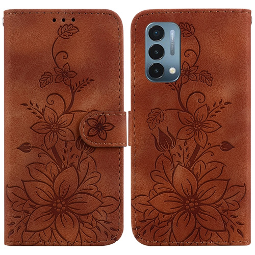 OnePlus Nord N200 5G Lily Embossed Leather Phone Case - Brown