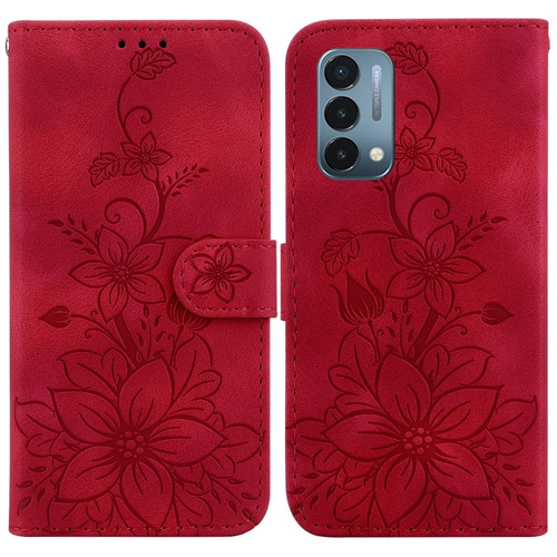 OnePlus Nord N200 5G Lily Embossed Leather Phone Case - Red