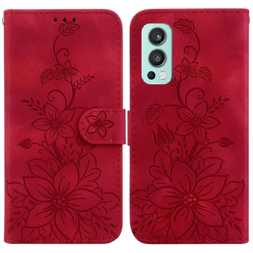OnePlus Nord 2 5G Lily Embossed Leather Phone Case - Red