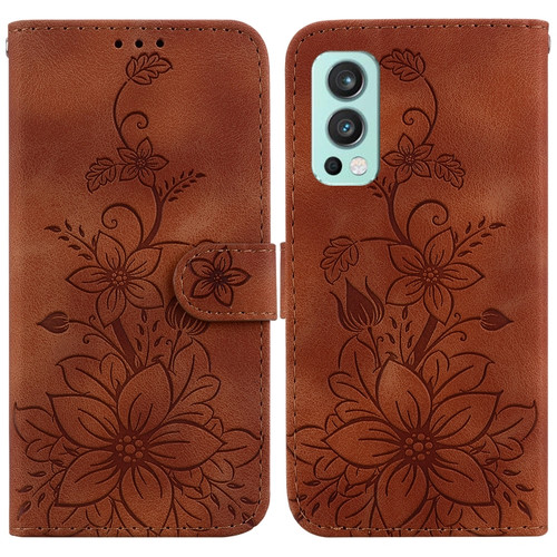 OnePlus Nord 2 5G Lily Embossed Leather Phone Case - Brown