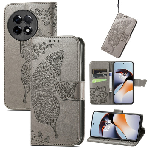 OnePlus Ace 2 Butterfly Love Flower Embossed Leather Phone Case - Gray