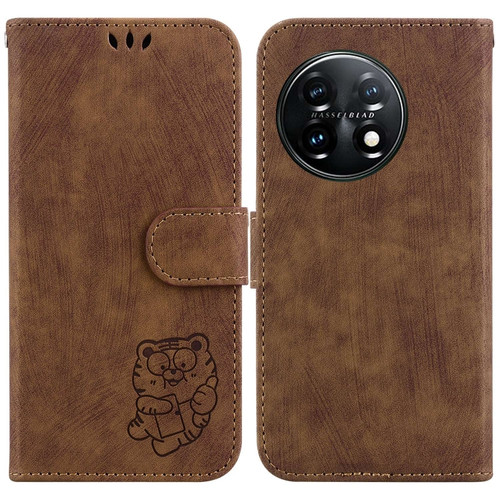 OnePlus 11 Little Tiger Embossed Leather Phone Case - Brown