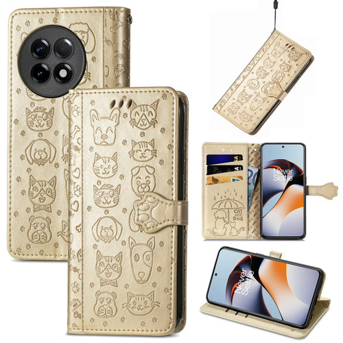 OnePlus Ace 2 Cat and Dog Embossed Phone Leather Phone Case - Gold