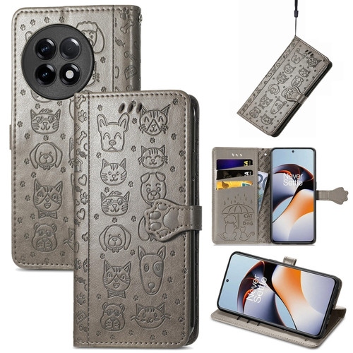 OnePlus Ace 2 Cat and Dog Embossed Phone Leather Phone Case - Gray