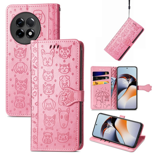 OnePlus Ace 2 Cat and Dog Embossed Phone Leather Phone Case - Pink