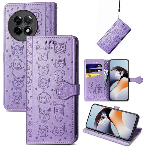 OnePlus Ace 2 Cat and Dog Embossed Phone Leather Phone Case - Purple
