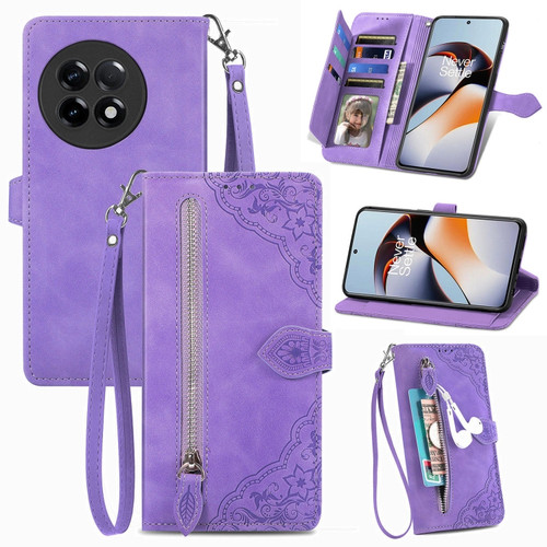 OnePlus Ace 2 Embossed Flower Zipper Leather Phone Case - Purple