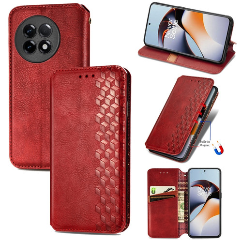 OnePlus Ace 2 Cubic Grid Pressed Magnetic Leather Phone Case - Red