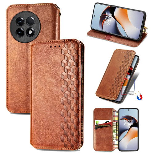 OnePlus Ace 2 Cubic Grid Pressed Magnetic Leather Phone Case - Brown