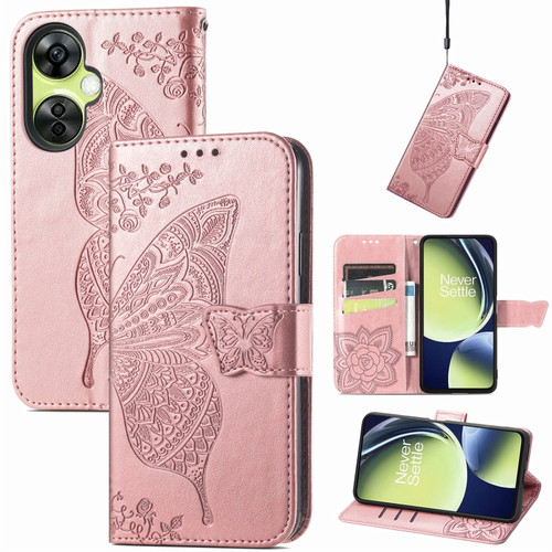 OnePlus Nord CE 3 Lite Butterfly Love Flower Embossed Leather Phone Case - Rose Gold