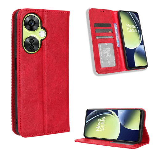 OnePlus Nord CE 3 Lite Magnetic Buckle Retro Texture Leather Phone Case - Red