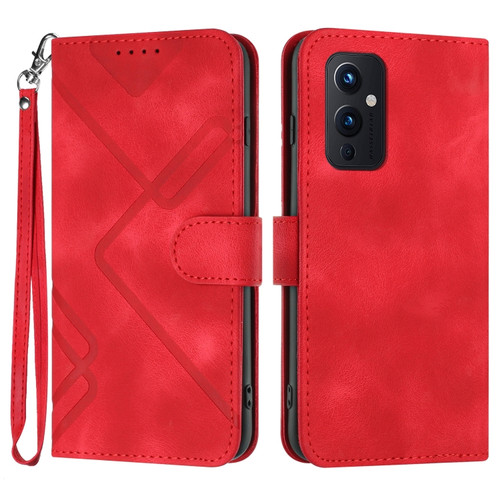 OnePlus 9 Line Pattern Skin Feel Leather Phone Case - Red