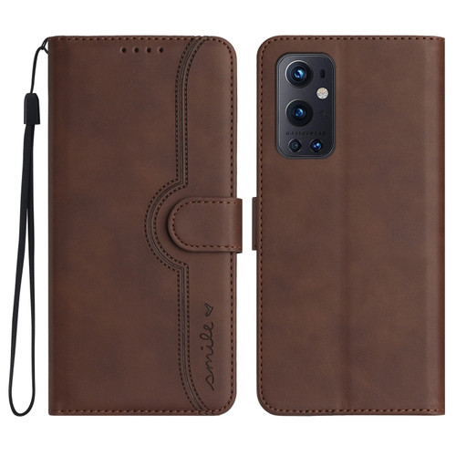 OnePlus 9 Pro Heart Pattern Skin Feel Leather Phone Case - Brown