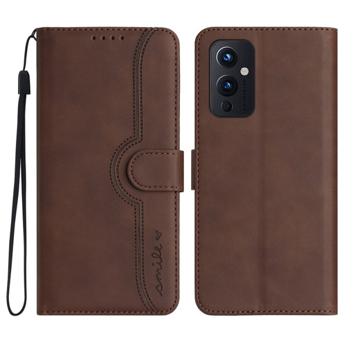 OnePlus 9 Heart Pattern Skin Feel Leather Phone Case - Brown