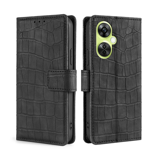 OnePlus Nord CE 3 Lite 5G Skin Feel Crocodile Magnetic Clasp Leather Phone Case - Black