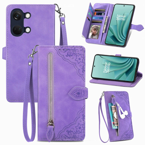 OnePlus Ace 2V Embossed Flower Zipper Leather Phone Case - Purple