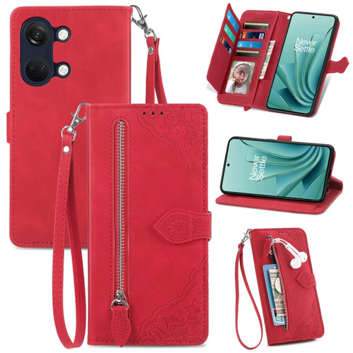 OnePlus Ace 2V Embossed Flower Zipper Leather Phone Case - Red