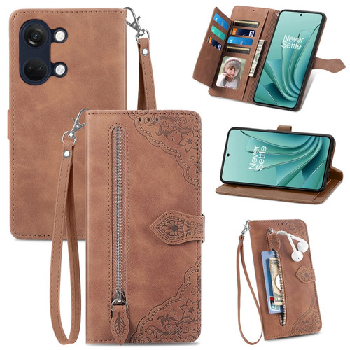 OnePlus Ace 2V Embossed Flower Zipper Leather Phone Case - Brown