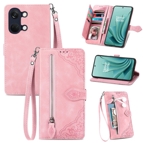 OnePlus Ace 2V Embossed Flower Zipper Leather Phone Case - Pink
