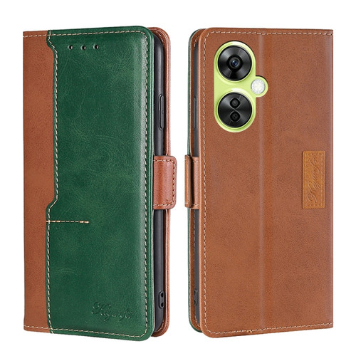 OnePlus Nord CE 3 Lite 5G Contrast Color Side Buckle Leather Phone Case - Light Brown+Green