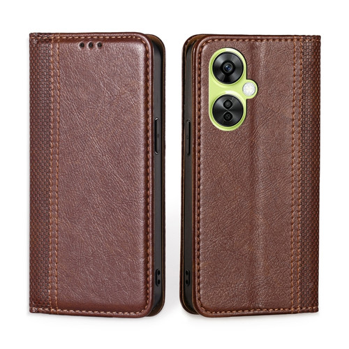 OnePlus Nord CE 3 Lite 5G Grid Texture Magnetic Flip Leather Phone Case - Brown