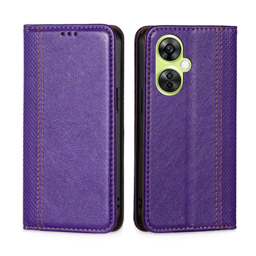 OnePlus Nord CE 3 Lite 5G Grid Texture Magnetic Flip Leather Phone Case - Purple