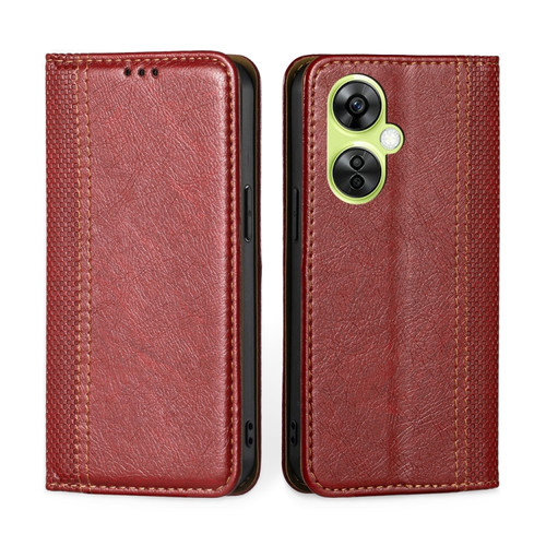 OnePlus Nord CE 3 Lite 5G Grid Texture Magnetic Flip Leather Phone Case - Red