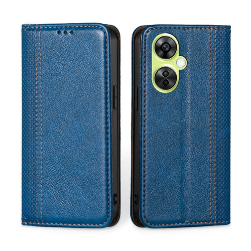 OnePlus Nord CE 3 Lite 5G Grid Texture Magnetic Flip Leather Phone Case - Blue