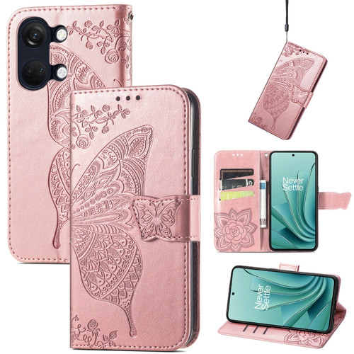 OnePlus Ace 2V Butterfly Love Flower Embossed Leather Phone Case - Rose Gold