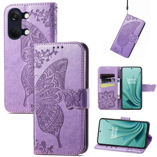 OnePlus Ace 2V Butterfly Love Flower Embossed Leather Phone Case - Light Purple