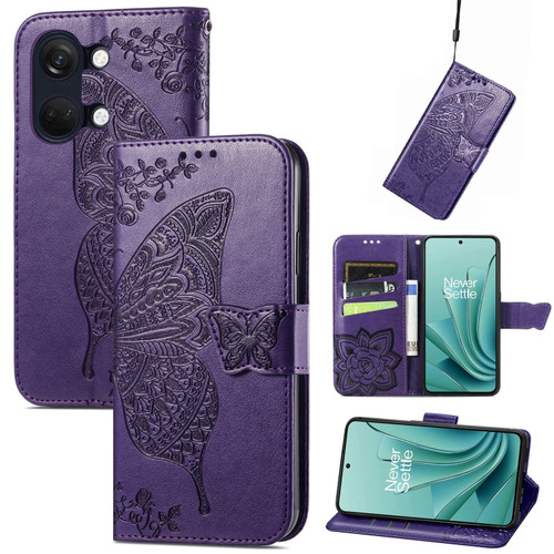 OnePlus Ace 2V Butterfly Love Flower Embossed Leather Phone Case - Dark Purple