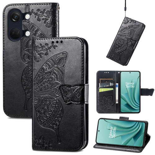 OnePlus Ace 2V Butterfly Love Flower Embossed Leather Phone Case - Black