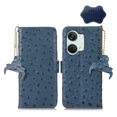 OnePlus Nord 3 / Ace 2V Ostrich Pattern Genuine Leather RFID Phone Case - Blue