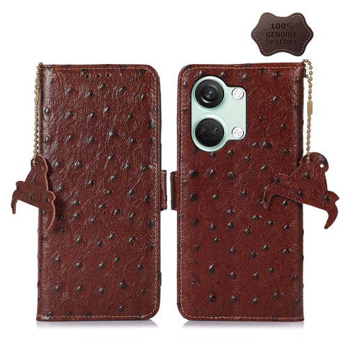 OnePlus Nord 3 / Ace 2V Ostrich Pattern Genuine Leather RFID Phone Case - Coffee