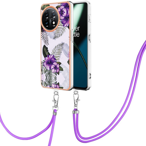OnePlus 11 Electroplating IMD TPU Phone Case with Lanyard - Purple Flower