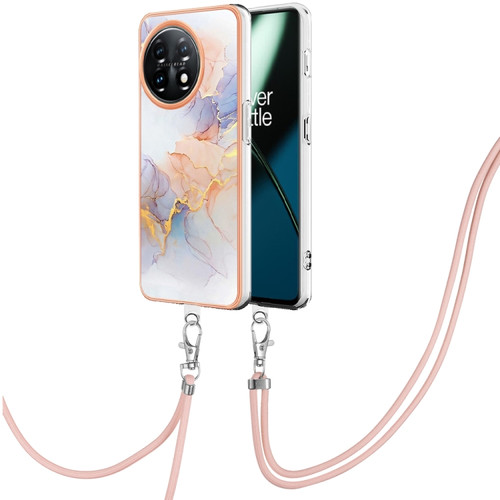 OnePlus 11 Electroplating IMD TPU Phone Case with Lanyard - White Marble