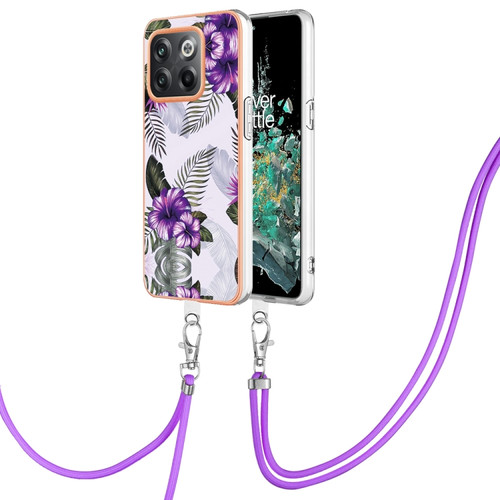OnePlus 10T 5G/Ace Pro Electroplating IMD TPU Phone Case with Lanyard - Purple Flower