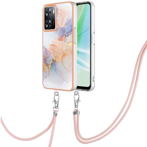 OnePlus Nord N300 Electroplating IMD TPU Phone Case with Lanyard - White Marble