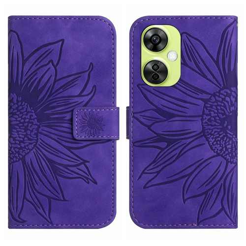 OnePlus Nord CE 3 Lite Skin Feel Sun Flower Embossed Leather Phone Case with Lanyard - Dark Purple