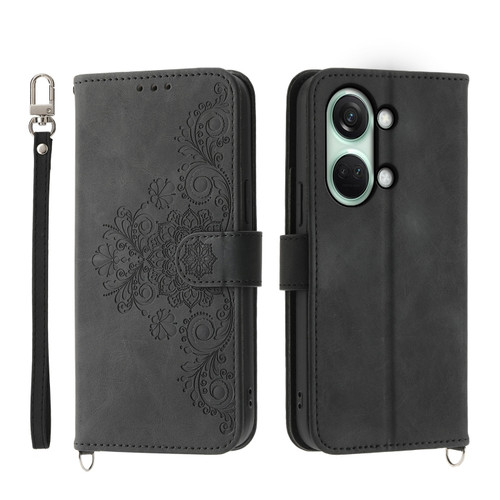 OnePlus Ace 2V Skin-feel Flowers Embossed Wallet Leather Phone Case - Black