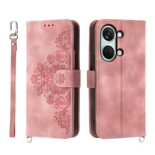 OnePlus Ace 2V Skin-feel Flowers Embossed Wallet Leather Phone Case - Pink